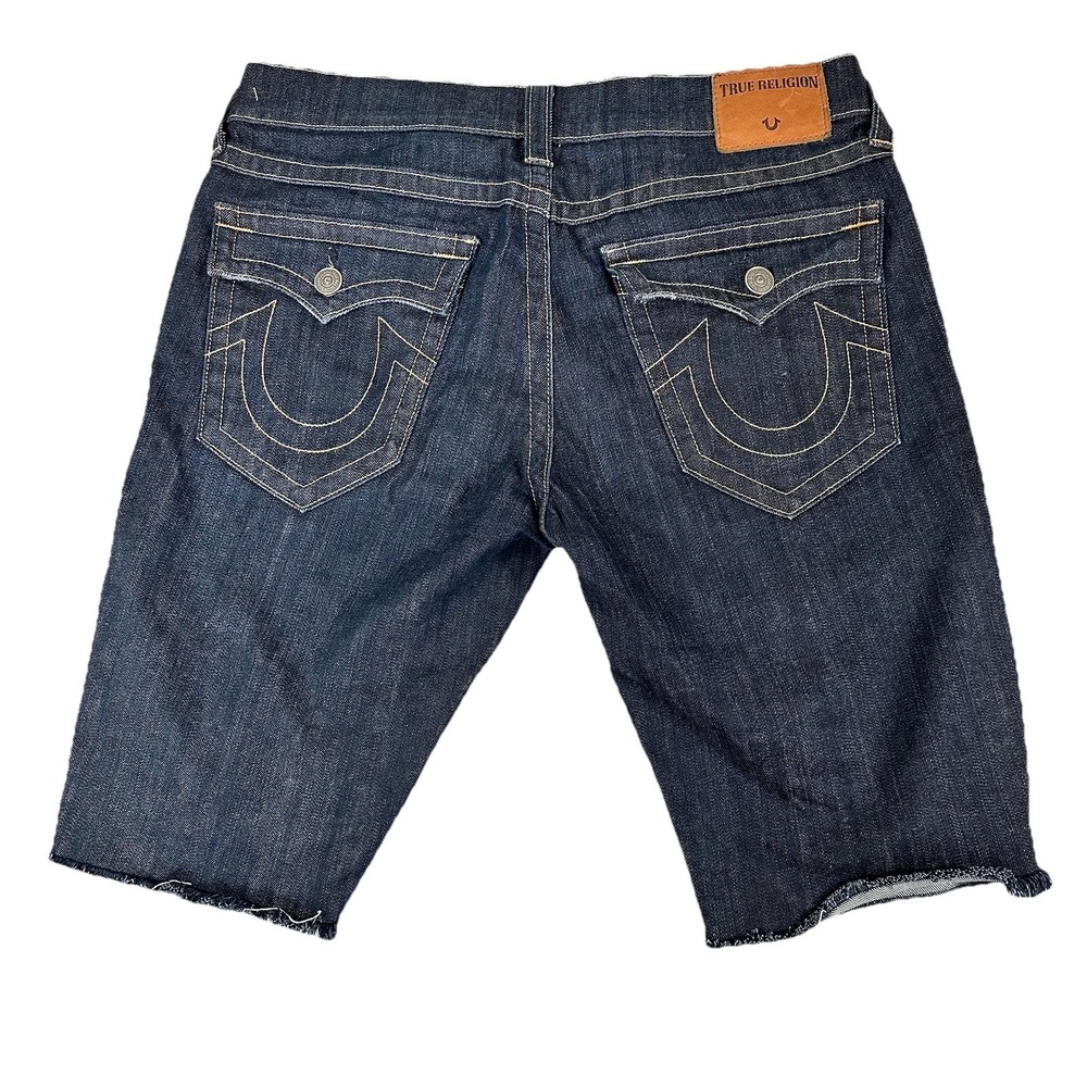 True Religion Men's Ricky Relaxed Straight Flap Blue‎ Denim Shorts Sz 34 Frayed